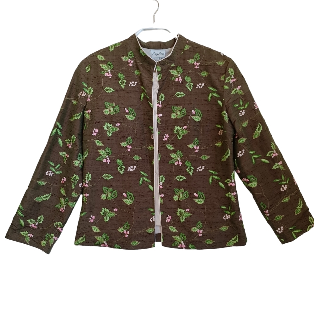 Tracy Reese Jacket 100% Silk Embroidered Floral Snap Front Womens Small